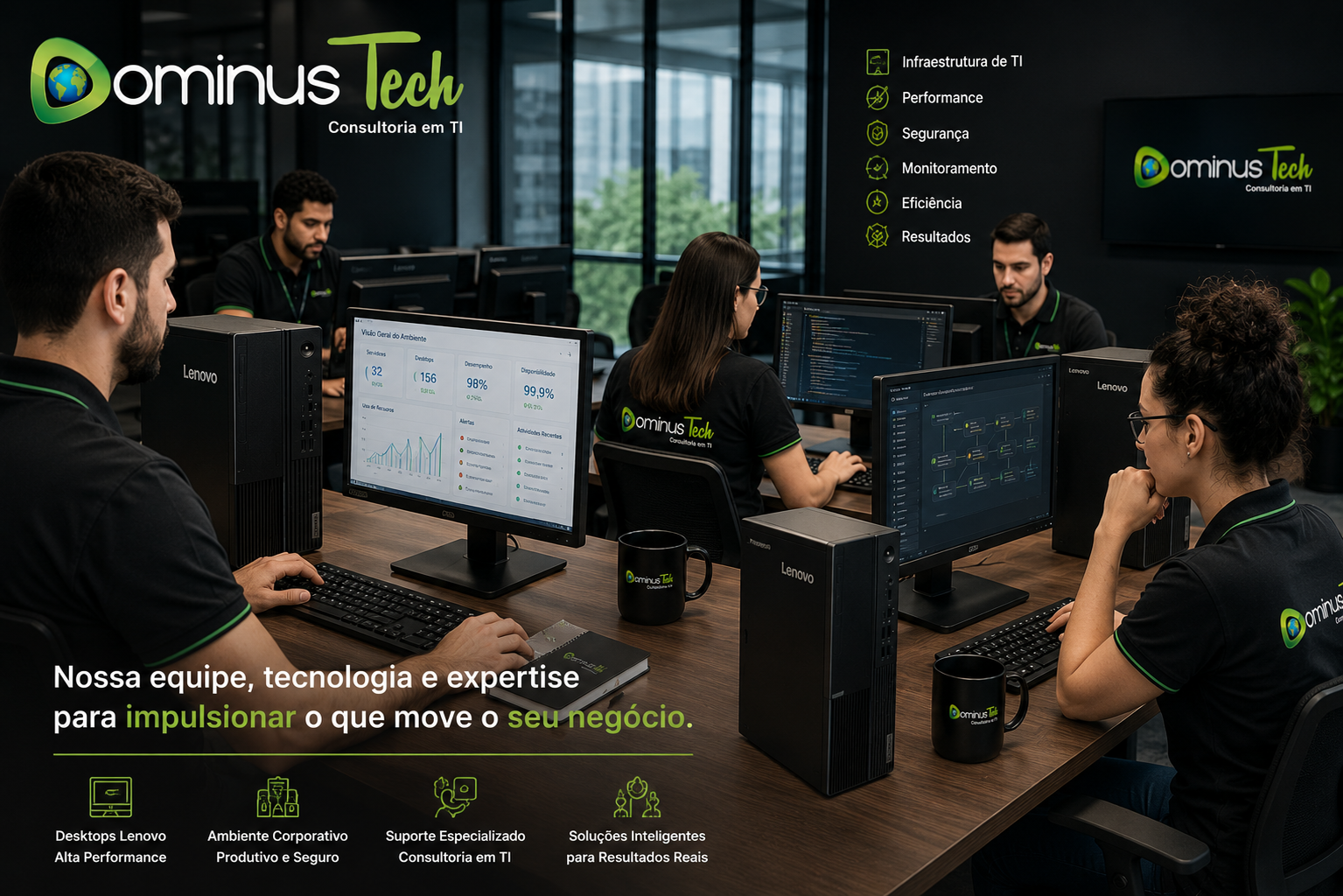 Equipe da Dominus Tech trabalhando em desktops Lenovo corporativos utilizando aplicações empresariais, dashboards de monitoramento, analytics e soluções de infraestrutura de TI em ambiente corporativo moderno.