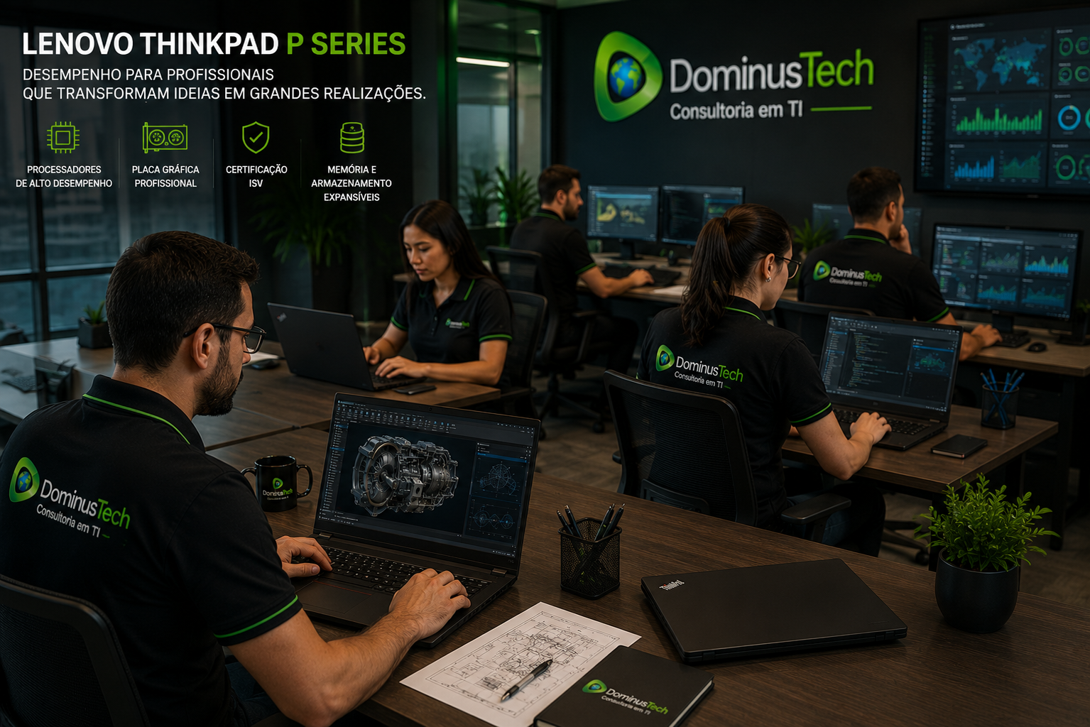 Equipe da Dominus Tech trabalhando em notebooks Lenovo ThinkPad P Series em escritório corporativo moderno, desenvolvendo projetos de engenharia, modelagem 3D e aplicações profissionais de alto desempenho.