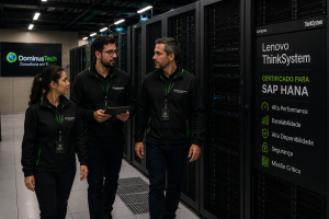 Equipe da Dominus Tech caminhando pelo corredor de um data center corporativo enquanto realiza inspeção em servidores Lenovo ThinkSystem certificados para SAP HANA, garantindo alta disponibilidade, desempenho e monitoramento de ambientes críticos.