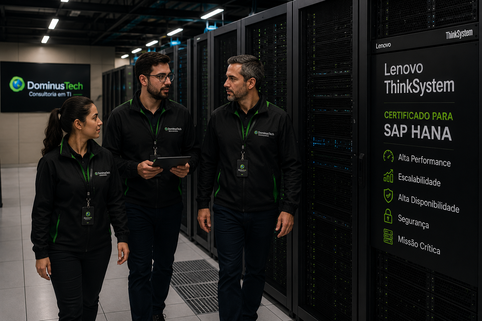 Equipe da Dominus Tech caminhando pelo corredor de um data center corporativo enquanto realiza inspeção em servidores Lenovo ThinkSystem certificados para SAP HANA, garantindo alta disponibilidade, desempenho e monitoramento de ambientes críticos.