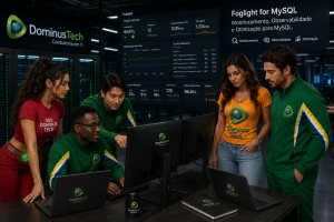Equipe da Dominus Tech monitorando o Quest Foglight for MySQL em um centro de operações moderno, acompanhando métricas de desempenho, observabilidade, consultas SQL, utilização de recursos e disponibilidade de múltiplas instâncias MySQL em ambiente corporativo.