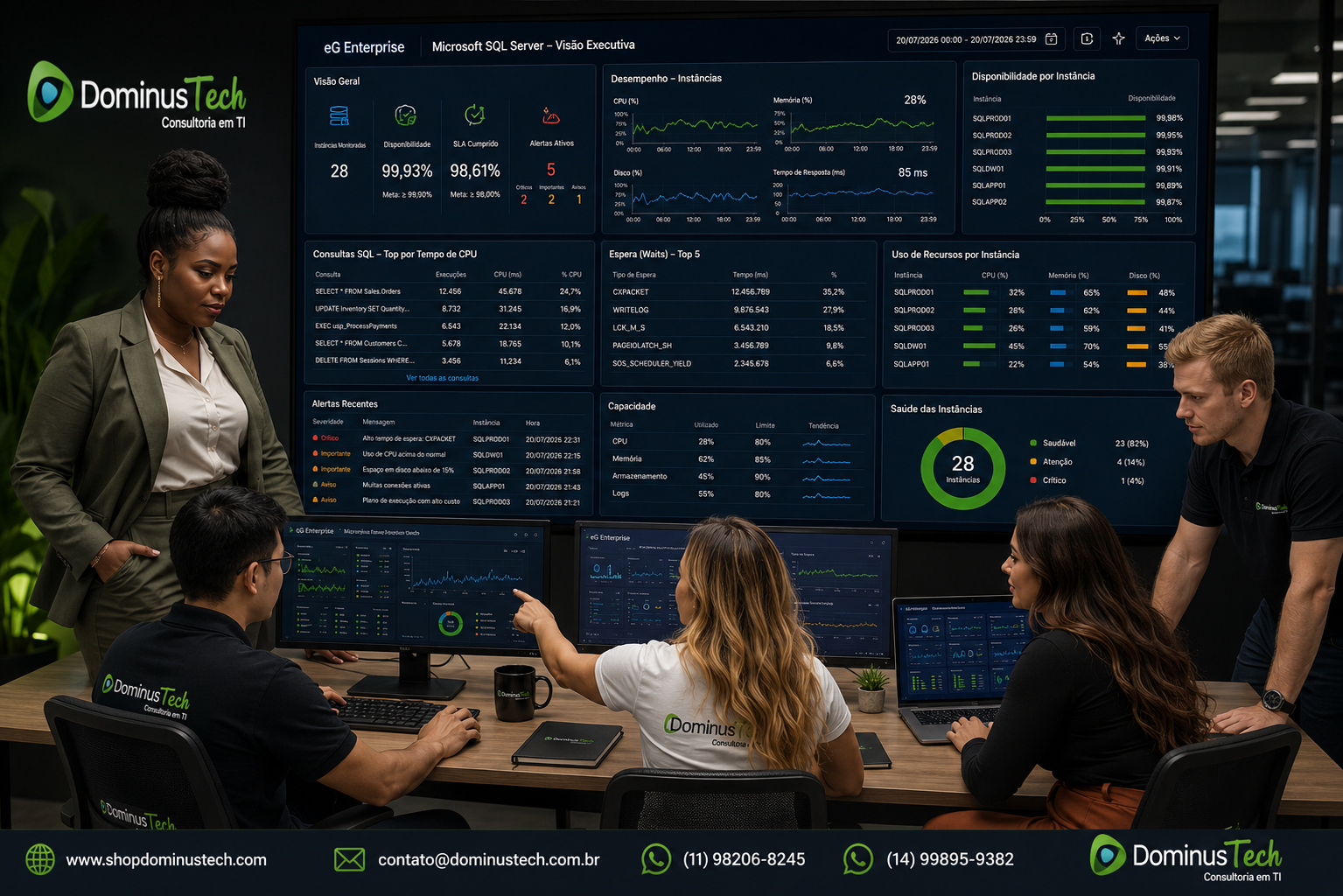 Equipe técnica da Dominus Tech monitorando o Microsoft SQL Server por meio de dashboards do eG Enterprise em um Centro de Operações de TI, acompanhando desempenho, disponibilidade, consultas SQL, utilização de recursos e indicadores de infraestrutura em tempo real.