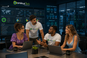 Equipe técnica da Dominus Tech em um moderno centro de operações de TI analisando dashboards de observabilidade SolarWinds para monitoramento de infraestrutura corporativa, servidores, redes, bancos de dados, aplicações e ambientes cloud.