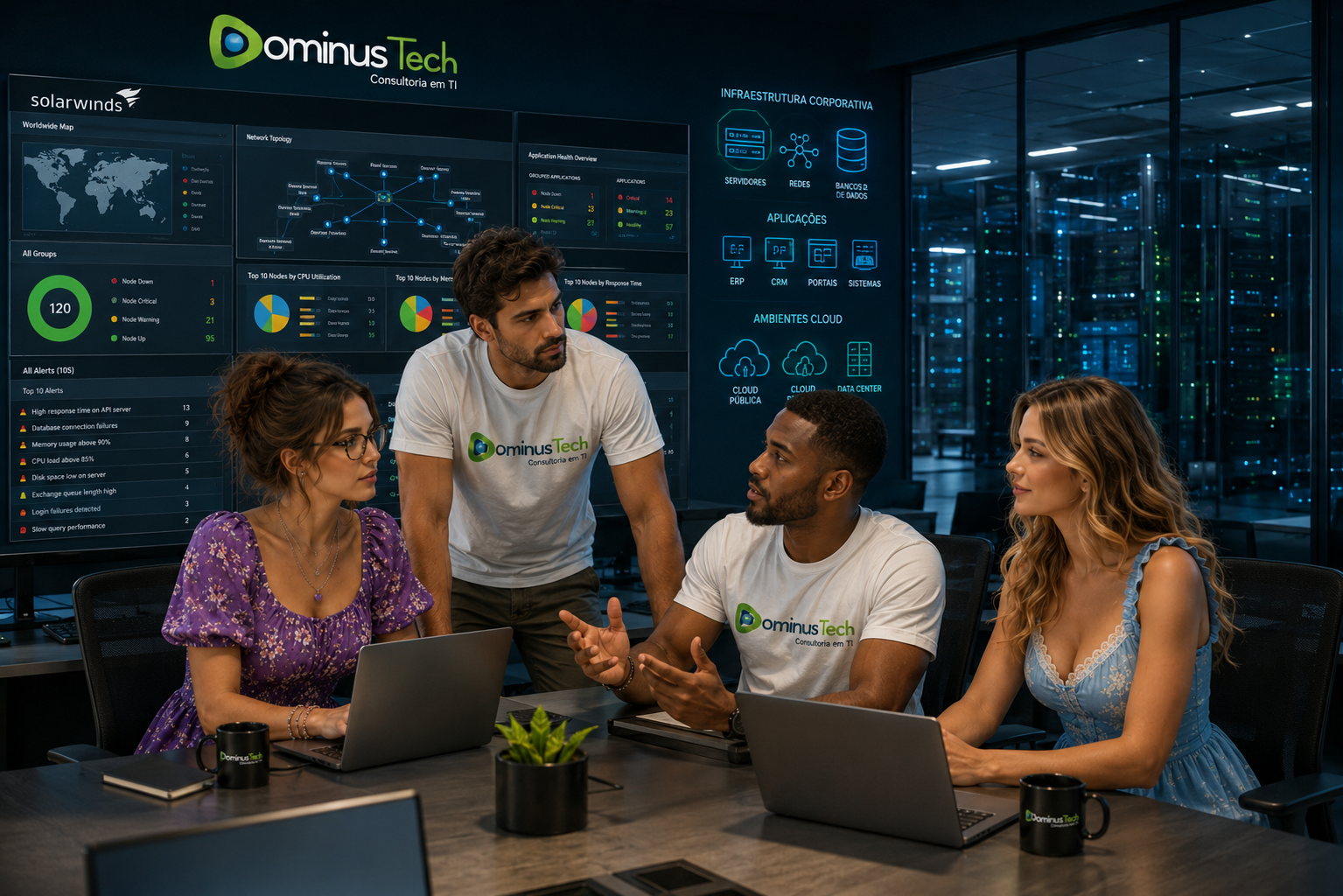 Equipe técnica da Dominus Tech em um moderno centro de operações de TI analisando dashboards de observabilidade SolarWinds para monitoramento de infraestrutura corporativa, servidores, redes, bancos de dados, aplicações e ambientes cloud.