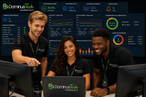 Equipe da Dominus Tech monitorando múltiplos ambientes SAP HANA em um dashboard executivo, acompanhando indicadores de disponibilidade, utilização de CPU, memória, desempenho e alertas operacionais em tempo real.
