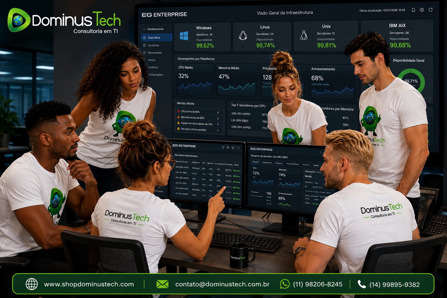 Equipe da Dominus Tech analisando uma infraestrutura de servidores Windows, Linux, Unix e IBM AIX por meio de dashboards do EG Enterprise, monitorando indicadores de CPU, memória, processos, armazenamento e disponibilidade em tempo real.