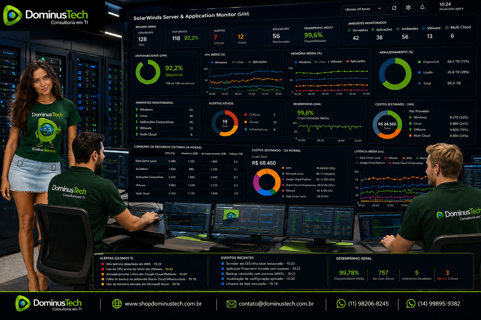 Equipe da Dominus Tech em centro de operações de TI monitorando servidores Windows, Linux, aplicações corporativas, VMware e ambientes multi cloud com dashboards em tempo real no SolarWinds SAM.