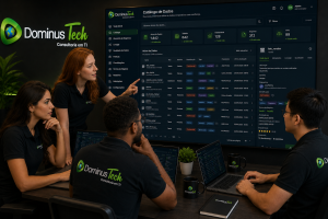 Equipe da Dominus Tech monitorando uma interface de catálogo de dados corporativos com busca inteligente, tags, classificação de ativos e metadados centralizados em ambiente empresarial. Erwin Data Catalog.
