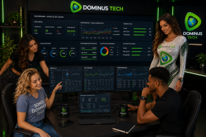 Equipe da Dominus Tech monitorando dashboards de bancos de dados em um centro de operações moderno, acompanhando indicadores de desempenho, disponibilidade, utilização de recursos, alertas e integridade de ambientes Oracle, SQL Server e PostgreSQL em tempo real.