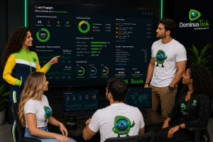 Equipe da Dominus Tech monitorando um grande dashboard do Quest Foglight para observabilidade de bancos de dados corporativos, acompanhando métricas de desempenho, disponibilidade, utilização de recursos, alertas e integridade dos ambientes em tempo real.
