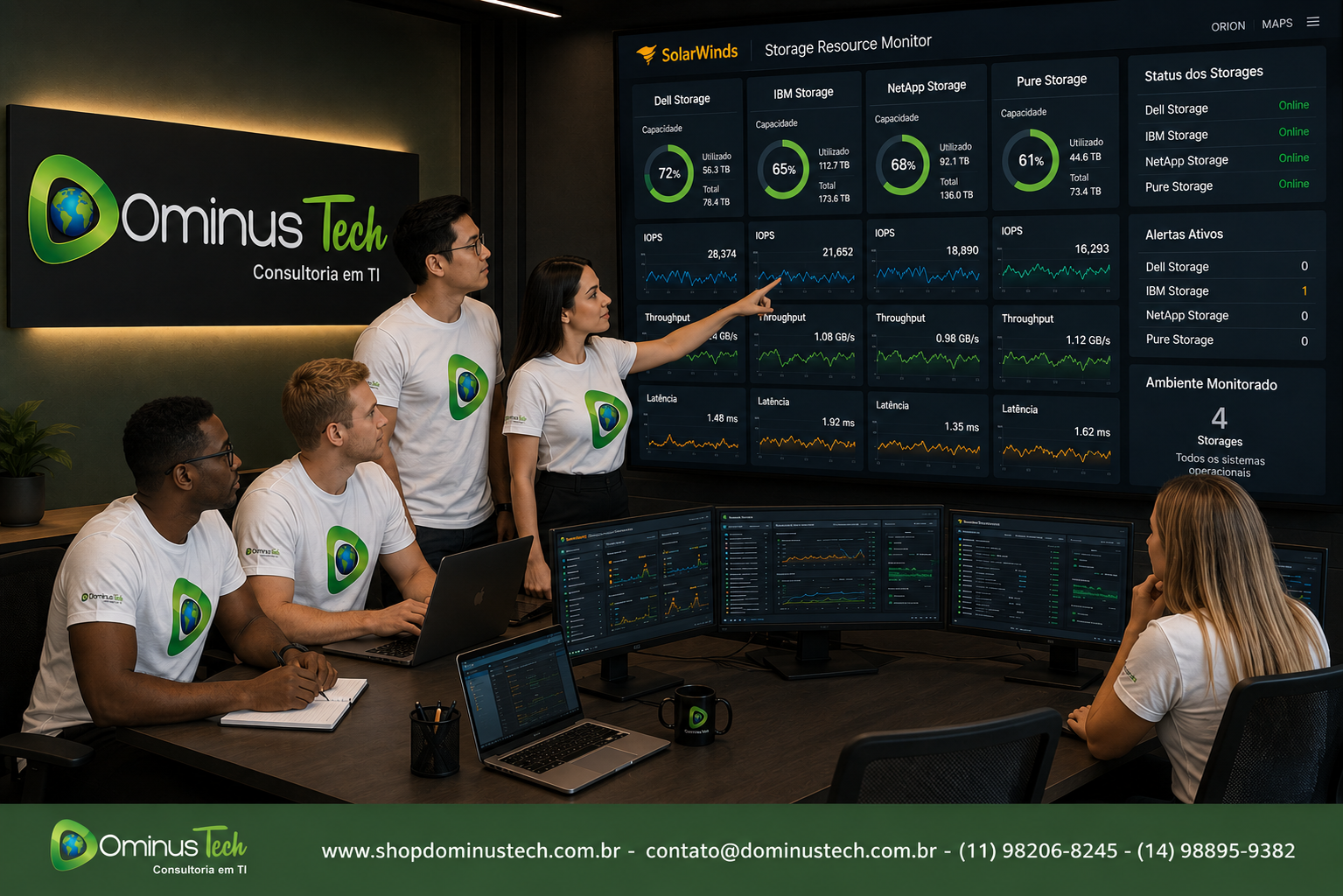 Equipe da Dominus Tech analisando dashboards do SolarWinds Storage Resource Monitor em um Centro de Operações de TI (NOC), monitorando storages Dell, IBM, NetApp e Pure Storage com indicadores de capacidade, IOPS, throughput e latência para garantir alta disponibilidade da infraestrutura corporativa.
