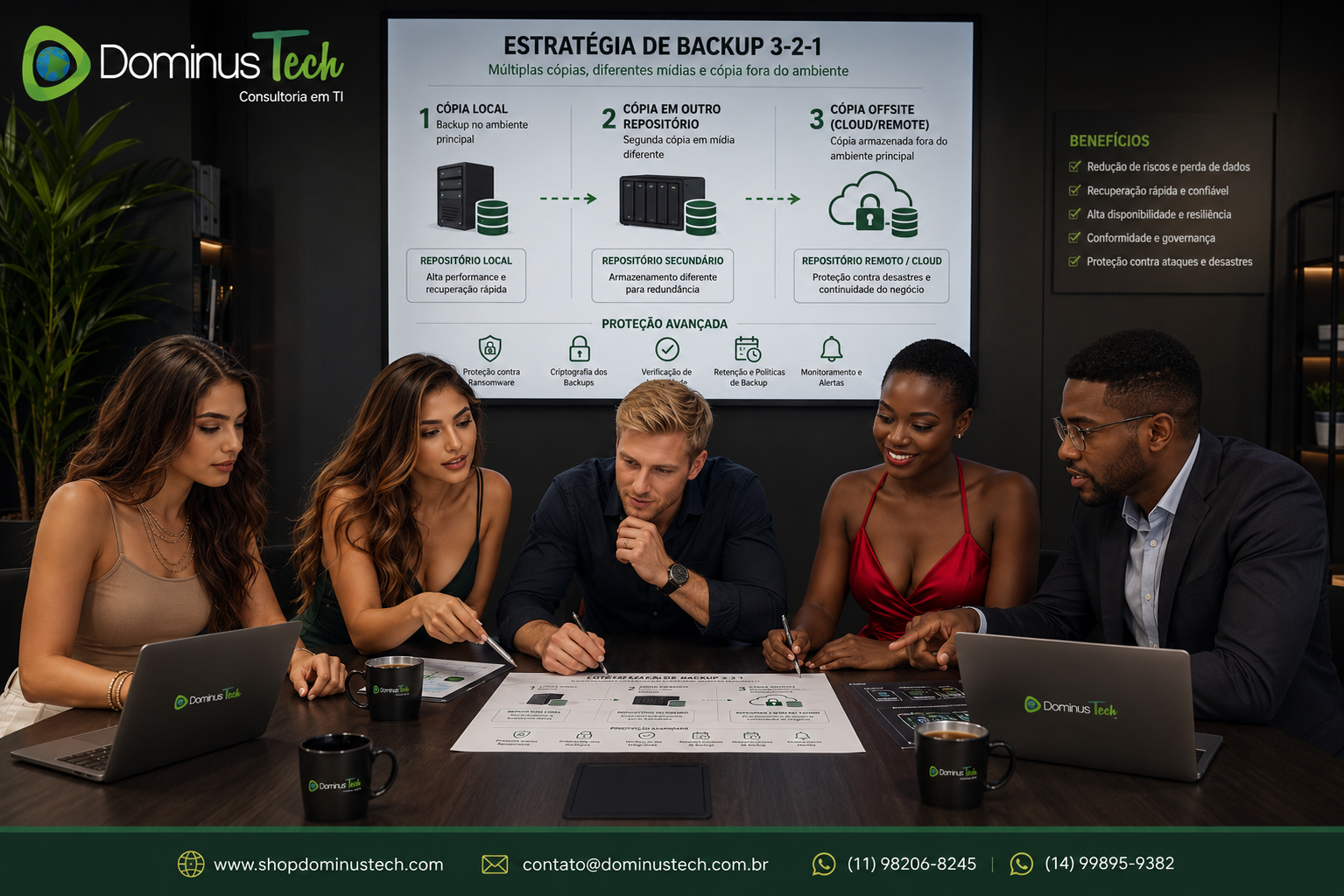 Equipe da Dominus Tech reunida em uma sala de reuniões planejando uma estratégia corporativa de Backup 3-2-1. O grupo analisa um diagrama com múltiplas cópias dos dados, armazenamento local, repositório secundário, cópia Offsite e proteção contra ransomware, visando alta disponibilidade e continuidade dos negócios.