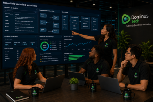 Equipe da Dominus Tech analisando um repositório central de metadados com o ecossistema Erwin by Quest, exibindo glossário de negócios, Data Lineage, catálogo corporativo, relacionamentos entre ativos de dados e indicadores de governança em painéis digitais de alta resolução.