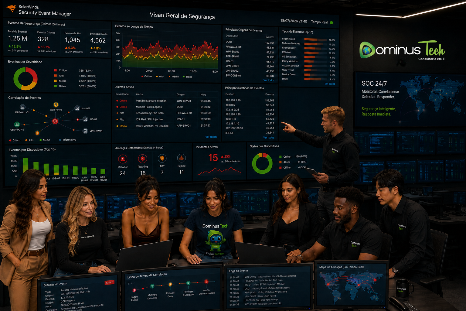 Equipe da Dominus Tech em um Centro de Operações de Segurança (SOC) utilizando o SolarWinds Security Event Manager (SEM) para monitorar eventos de segurança, correlacionar logs, detectar ameaças cibernéticas e responder a incidentes em tempo real por meio de dashboards avançados.