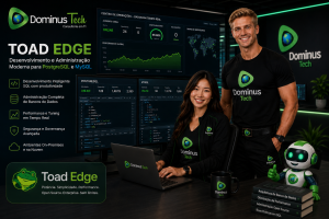 Equipe da Dominus Tech utilizando Toad Edge para desenvolvimento SQL e administração moderna de ambientes PostgreSQL e MySQL, monitorando desempenho, consultas, disponibilidade e gerenciamento de bancos de dados Open Source em ambiente corporativo.