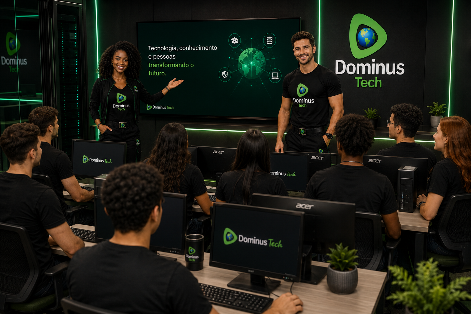Equipe da Dominus Tech ministrando treinamento em um laboratório educacional moderno equipado com desktops Acer. Os instrutores apresentam conteúdos de tecnologia para uma turma de alunos em um ambiente corporativo de capacitação, com o logotipo oficial da Dominus Tech em destaque.