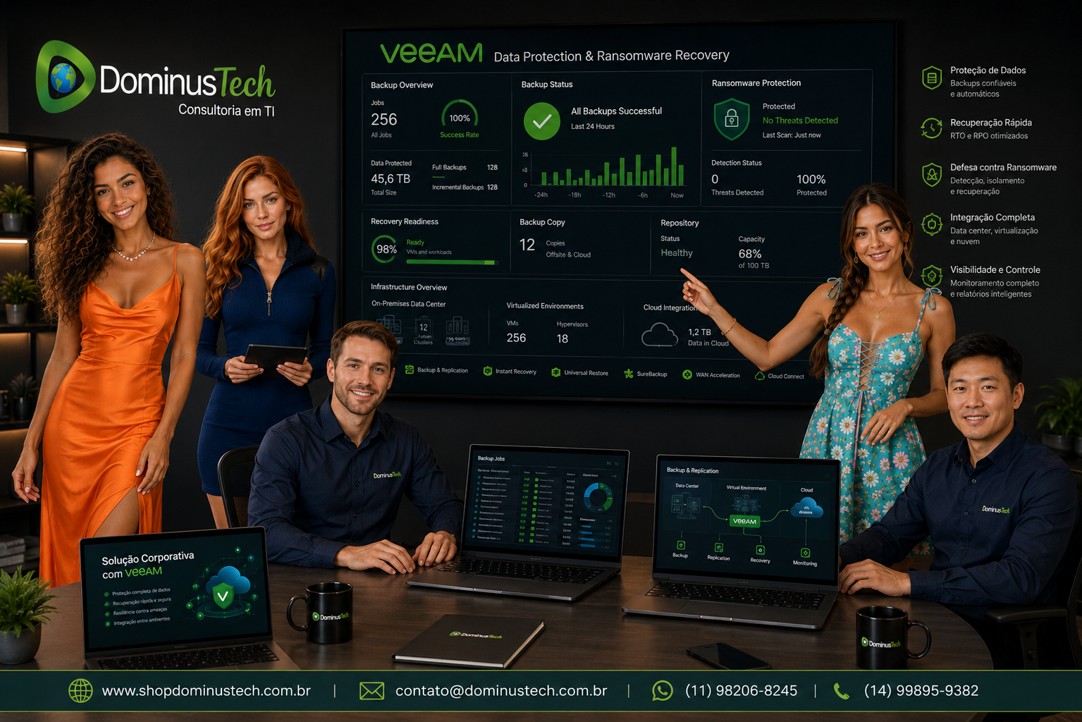Equipe da Dominus Tech apresentando uma solução corporativa baseada em Veeam com painéis de monitoramento de backups, recuperação de dados, proteção contra ransomware e integração entre data center, ambientes virtualizados e nuvem.