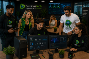 Equipe da Dominus Tech utilizando Workstation HP para análise de dados e inteligência artificial em escritório corporativo moderno, com dashboards analíticos, monitoramento de infraestrutura e ambiente de alta tecnologia.
