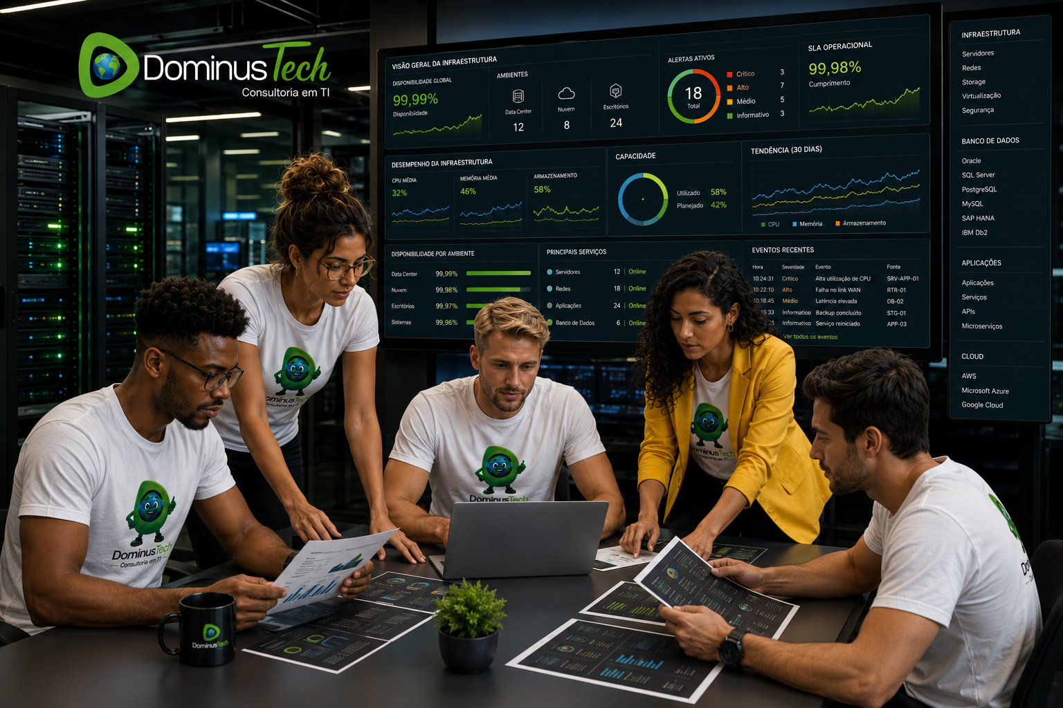 Equipe de infraestrutura da Dominus Tech Consultoria em TI analisando relatórios de capacidade, disponibilidade e desempenho em um moderno centro de operações de TI. Os profissionais revisam dashboards corporativos, indicadores de infraestrutura, servidores, redes, bancos de dados e ambientes em nuvem em tempo real.