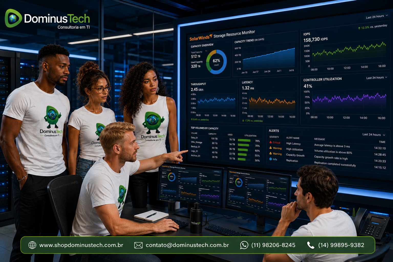 Equipe de infraestrutura da Dominus Tech analisando dashboards corporativos de monitoramento de armazenamento com gráficos de capacidade, IOPS, throughput, latência, utilização de controladoras e indicadores de desempenho em um data center moderno.