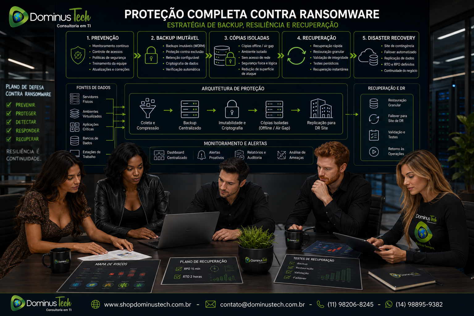 Equipe de segurança da informação da Dominus Tech analisando dashboards de proteção contra ransomware com backup imutável, cópias isoladas, recuperação de desastres (Disaster Recovery), replicação e monitoramento de infraestrutura corporativa.