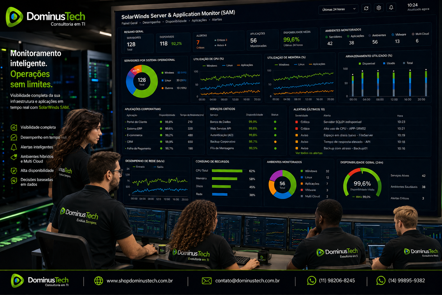 Equipe de operações de TI da Dominus Tech acompanhando dashboards de monitoramento inspirados no SolarWinds SAM com indicadores de CPU, memória, armazenamento, aplicações e disponibilidade de servidores em tempo real. Server & Application Monitor.