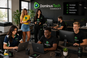 Equipe da Dominus Tech trabalhando em um escritório corporativo moderno utilizando notebooks Dell, computadores desktop Dell e impressoras para aumentar a produtividade, colaboração e eficiência operacional.