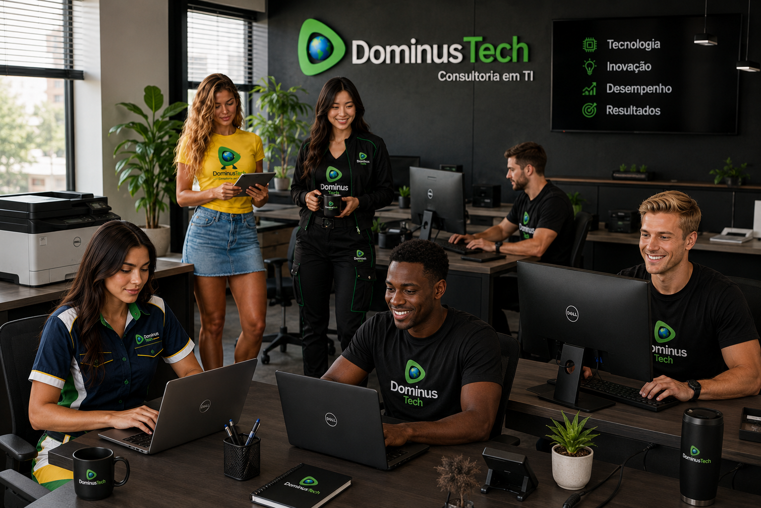 Equipe da Dominus Tech trabalhando em um escritório corporativo moderno utilizando notebooks Dell, computadores desktop Dell e impressoras para aumentar a produtividade, colaboração e eficiência operacional.
