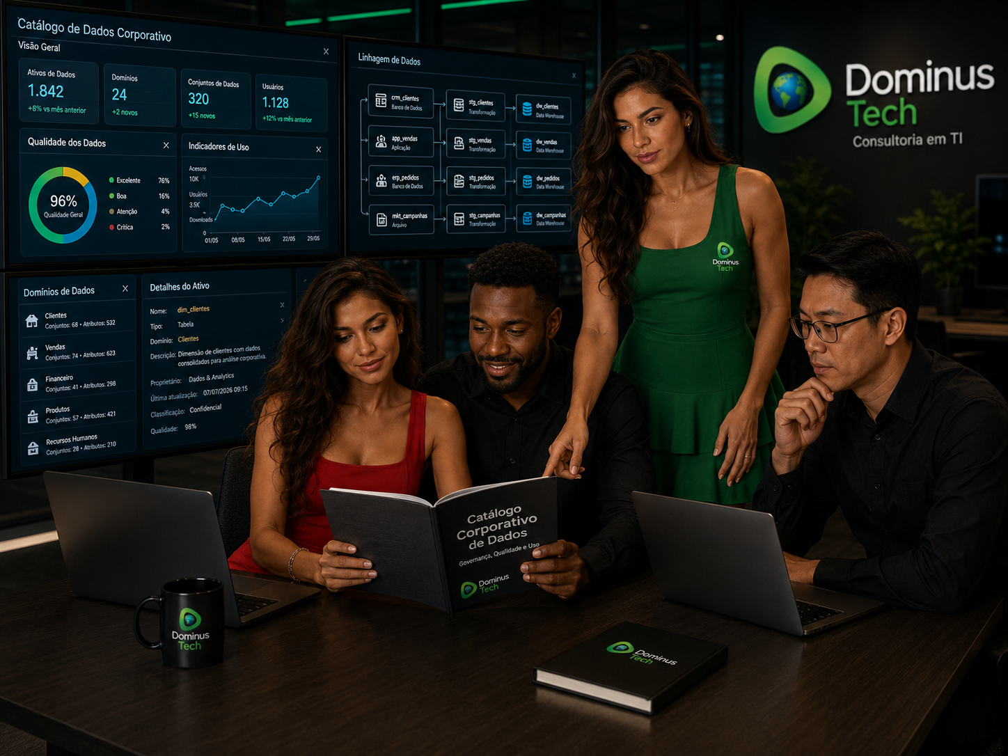 Equipe da Dominus Tech analisando um catálogo corporativo de dados com soluções Erwin by Quest para PostgreSQL, utilizando dashboards de metadados, linhagem de dados, indicadores de qualidade, governança e uso em ambiente corporativo de tecnologia.