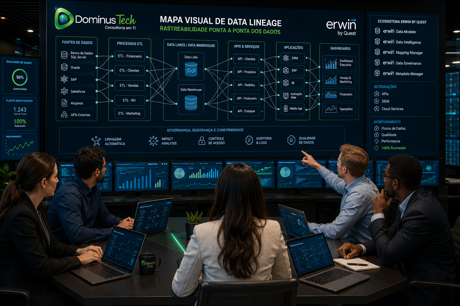 Especialistas da Dominus Tech analisando um mapa visual de Data Lineage em grandes monitores, com bancos de dados, processos ETL, APIs, aplicações corporativas, Data Lakes e dashboards conectados, utilizando o ecossistema Erwin by Quest.
