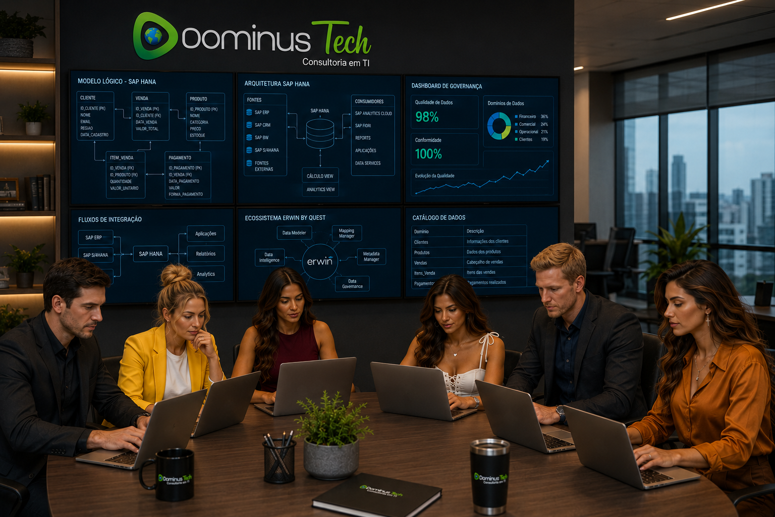 Especialistas da Dominus Tech trabalham em seus notebooks analisando modelos de dados SAP HANA integrados ao ecossistema Erwin by Quest. Ao fundo, grandes painéis exibem diagramas ER, arquitetura de dados, dashboards de governança, catálogo de dados e fluxos de integração corporativa.