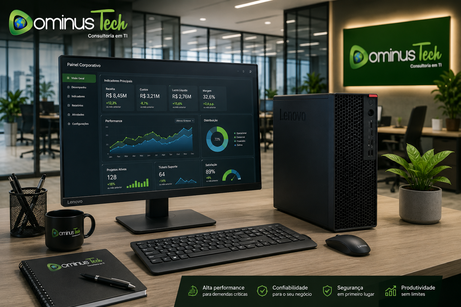 Estação de trabalho corporativa Lenovo instalada em ambiente empresarial moderno, com monitor profissional, workstation de alto desempenho, dashboard corporativo e identidade visual da Dominus Tech para infraestrutura de TI empresarial.