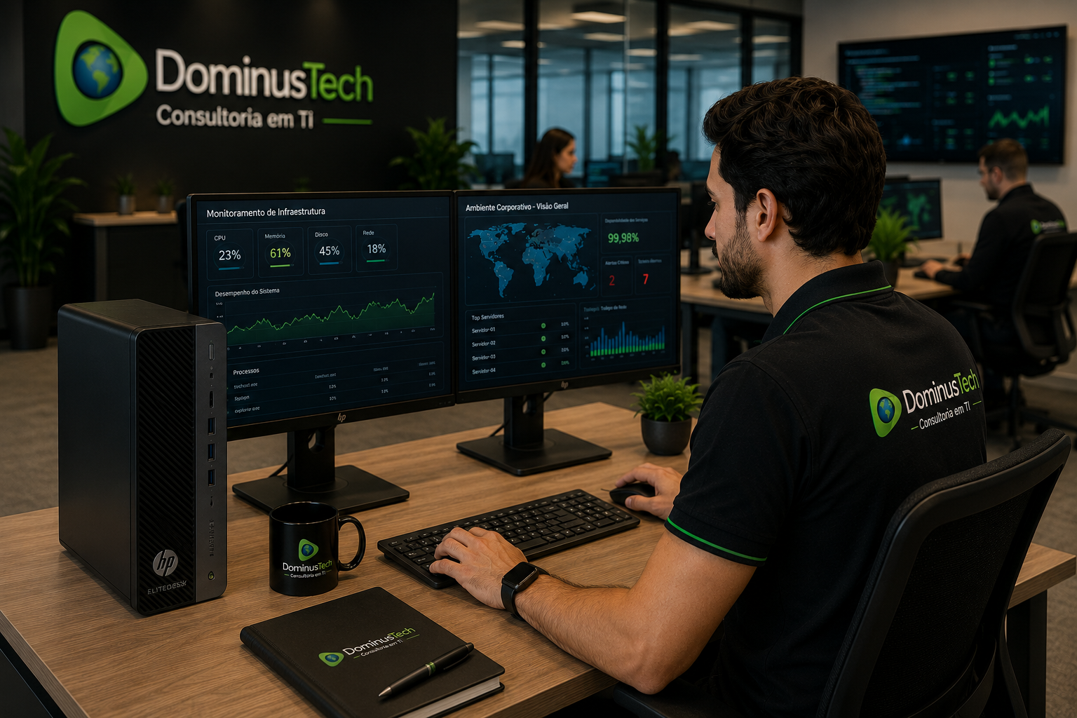 Estação de trabalho corporativa equipada com desktop HP EliteDesk, monitores duplos e profissional da Dominus Tech realizando atividades de monitoramento de infraestrutura e consultoria em tecnologia da informação em escritório moderno.