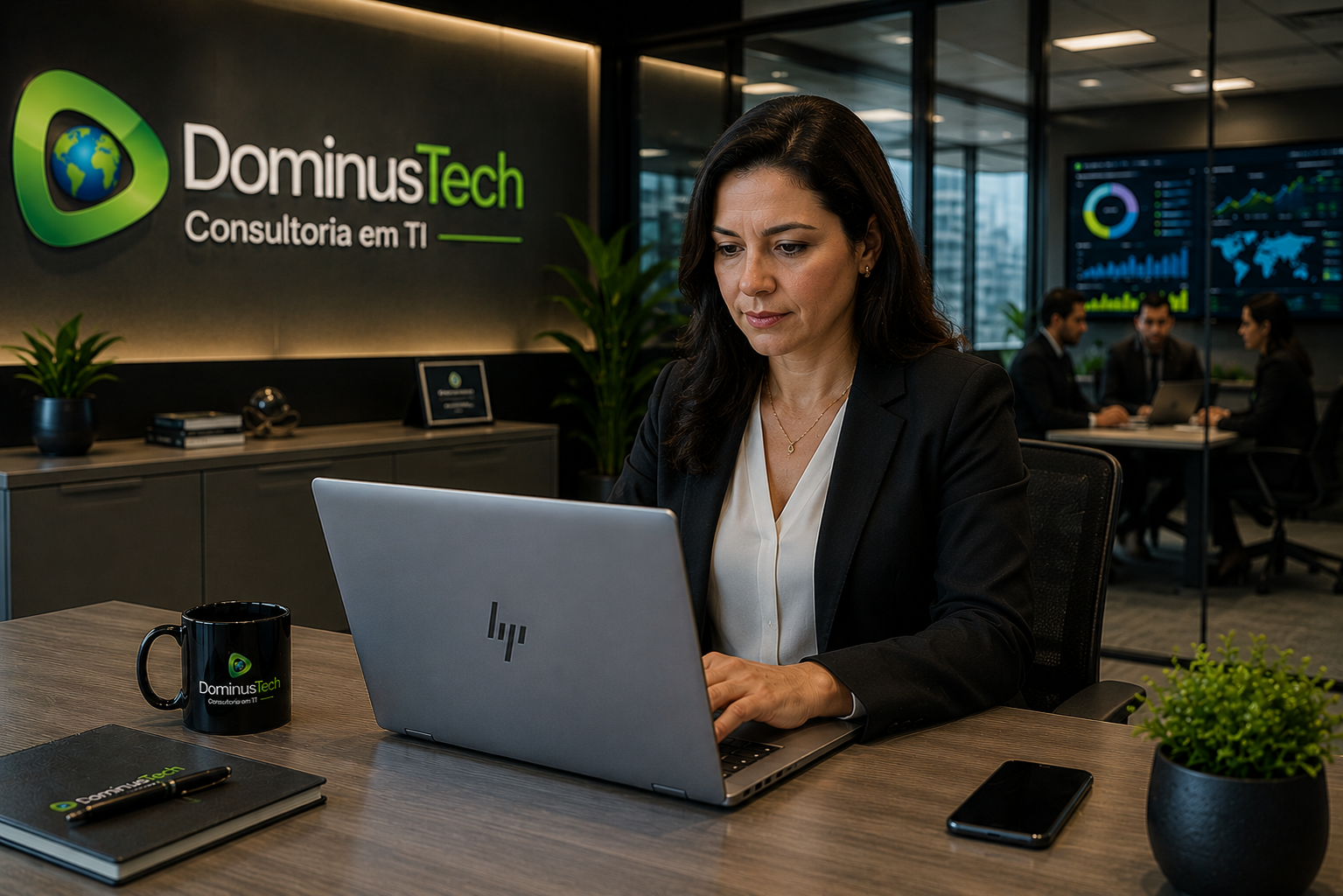 Executiva utilizando notebook HP EliteBook em escritório corporativo moderno da Dominus Tech, trabalhando em ambiente empresarial com foco em produtividade, segurança e colaboração.