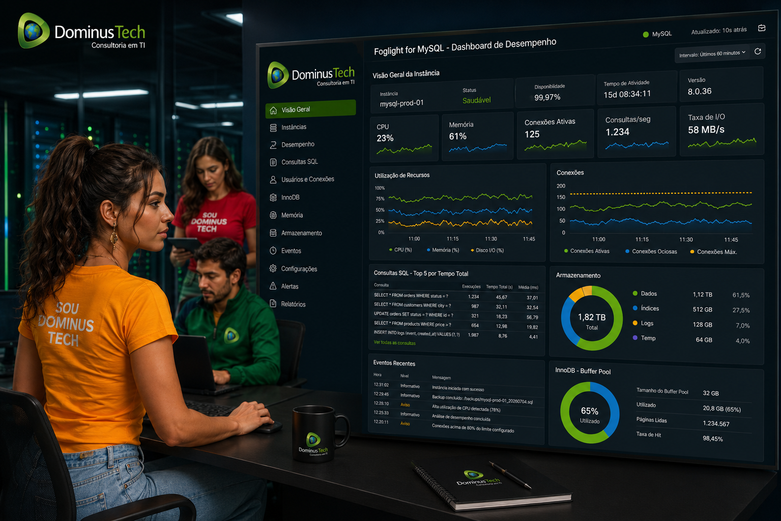 Dashboard do Foglight for MySQL exibindo métricas de desempenho, consultas SQL, utilização de CPU, memória, armazenamento e recursos do banco de dados, monitorado pela equipe da Dominus Tech.