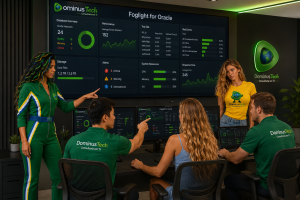 Equipe da Dominus Tech monitorando ambiente Foglight for Oracle em um centro de operações moderno, acompanhando dashboards de desempenho, disponibilidade, alertas, utilização de CPU, memória, armazenamento e métricas de banco de dados Oracle em tempo real.