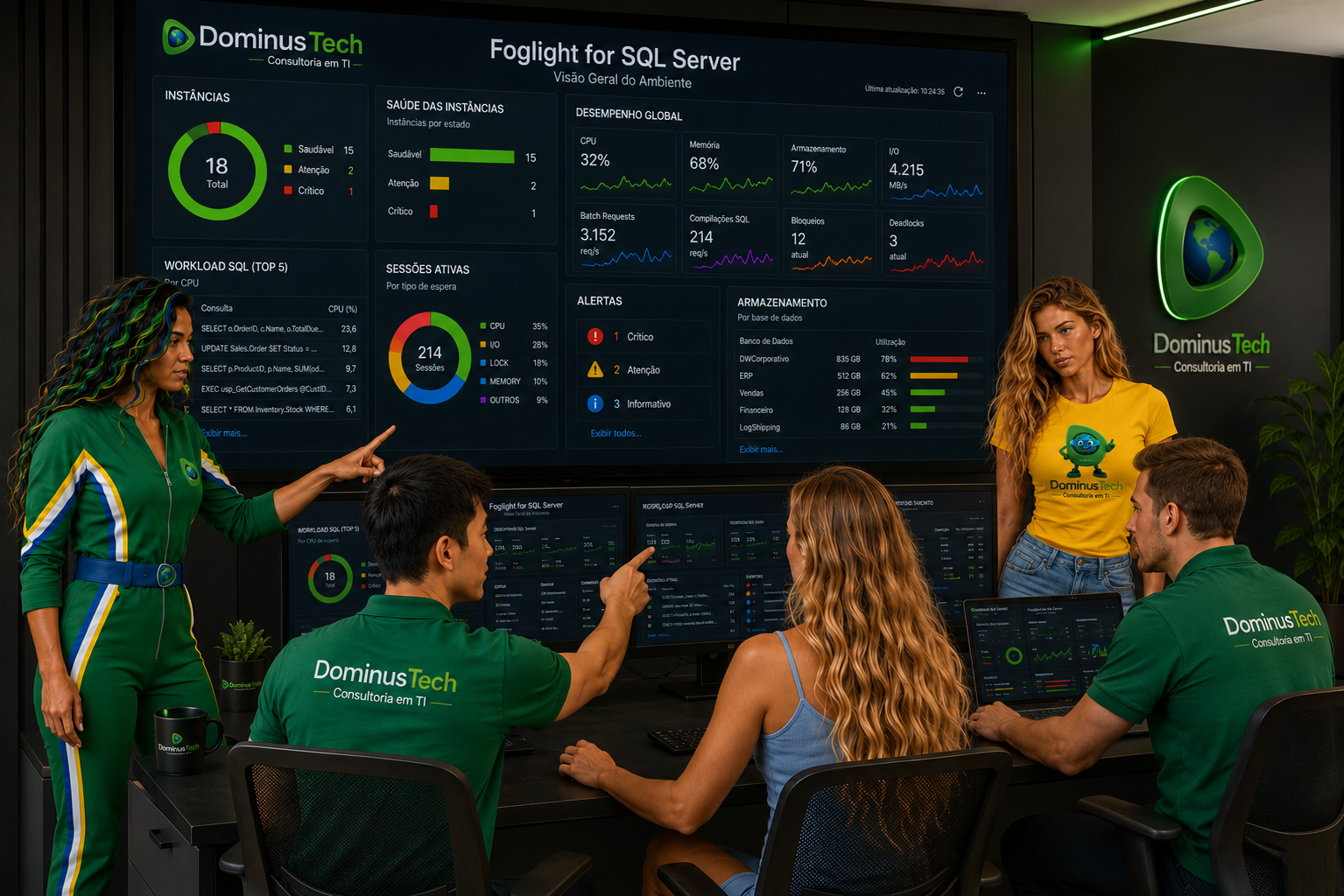 Equipe da Dominus Tech monitorando o dashboard do Foglight for SQL Server com métricas em tempo real de desempenho, workload SQL, utilização de CPU, memória, armazenamento, sessões, bloqueios, deadlocks, alertas e saúde das instâncias SQL Server.