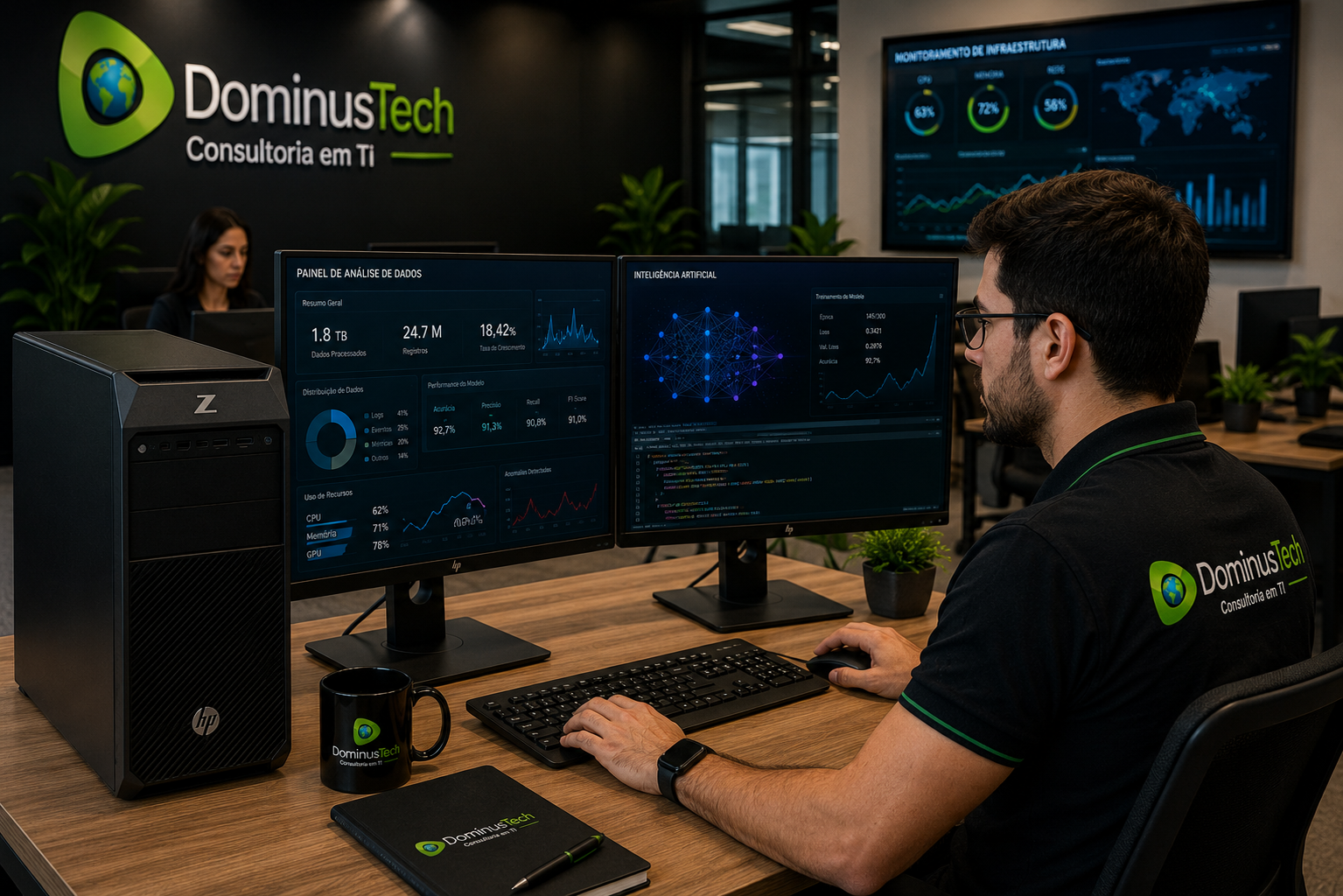 Profissional utilizando uma HP Z Workstation para análise de dados e inteligência artificial em um escritório corporativo moderno, com dois monitores exibindo dashboards analíticos, métricas e modelos de IA.