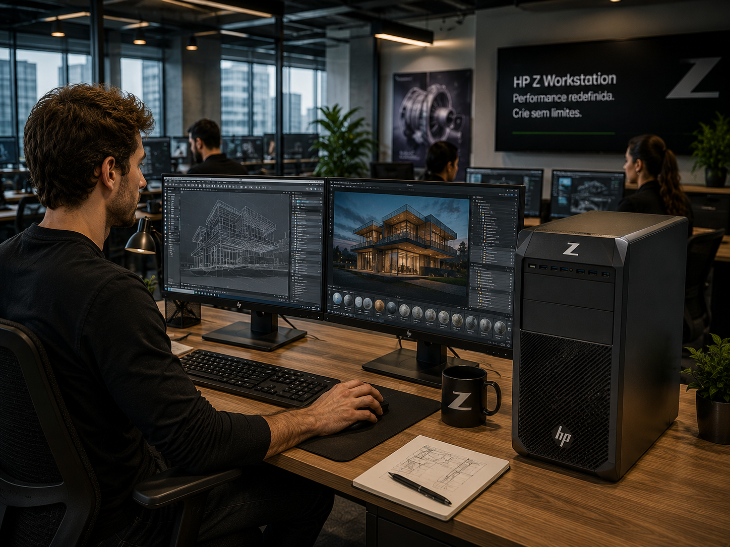 Profissional utilizando uma HP Z Workstation com dois monitores para modelagem 3D, renderização profissional e desenvolvimento de projetos CAD em um escritório corporativo moderno.