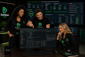 Equipe da Dominus Tech monitorando o Toad for Oracle em estação de trabalho corporativa, com dashboard de banco de dados exibido em monitor de alta resolução para administração, desenvolvimento PL/SQL e otimização de desempenho Oracle.