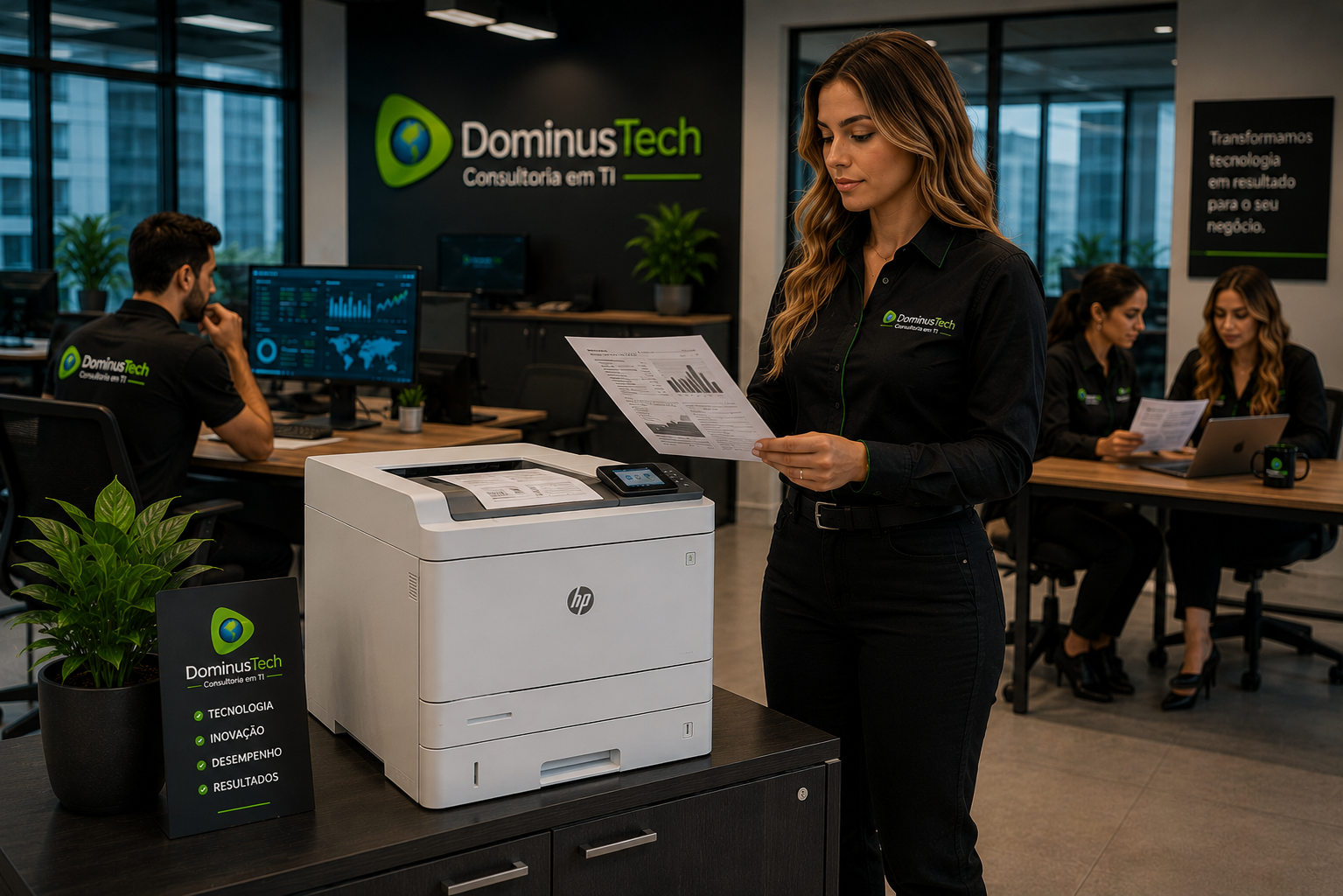 Profissional da Dominus Tech utilizando uma impressora HP LaserJet corporativa em escritório moderno para impressão de relatórios e gerenciamento de documentos empresariais. Impressoras HP para Empresas