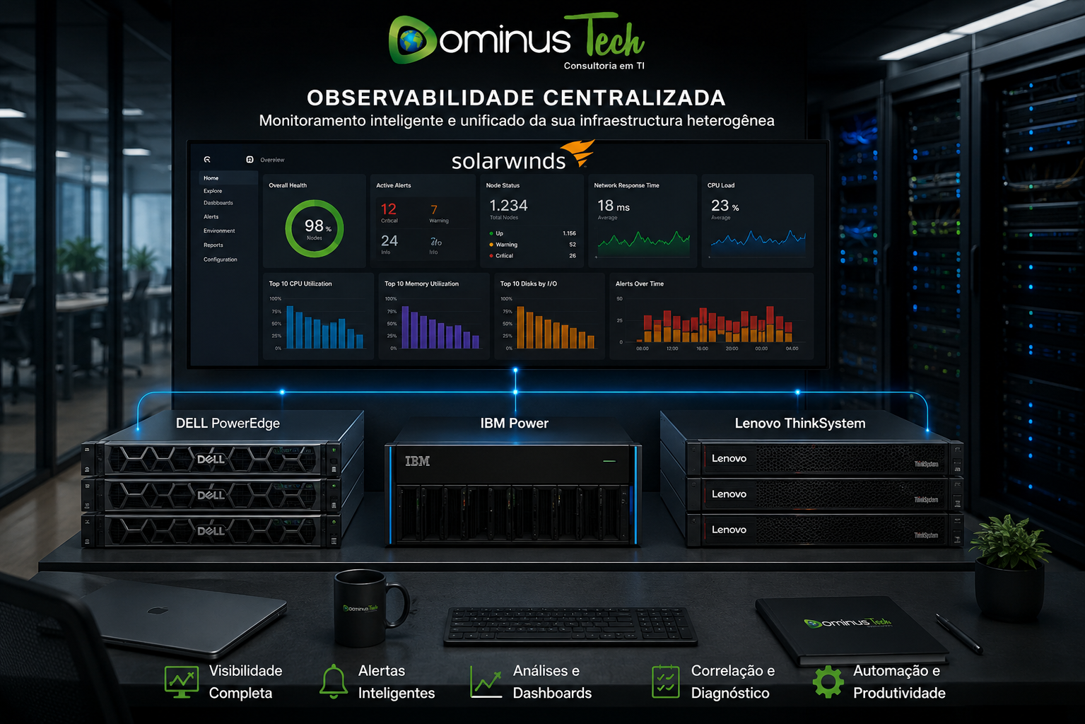 Infraestrutura heterogênea com servidores Dell PowerEdge, IBM Power e Lenovo ThinkSystem monitorados de forma centralizada por uma plataforma de observabilidade SolarWinds em ambiente corporativo.