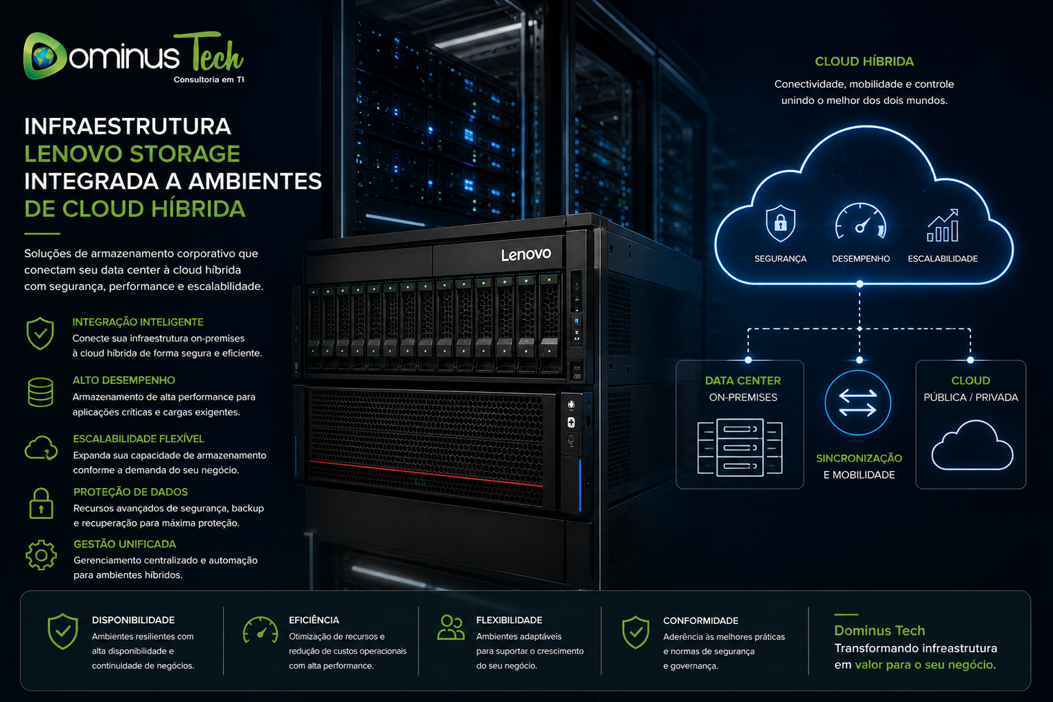 Infraestrutura Lenovo Storage integrada a ambientes de cloud híbrida, conectando data center corporativo e nuvem com alta disponibilidade, desempenho, segurança, escalabilidade e gerenciamento centralizado para aplicações empresariais.
