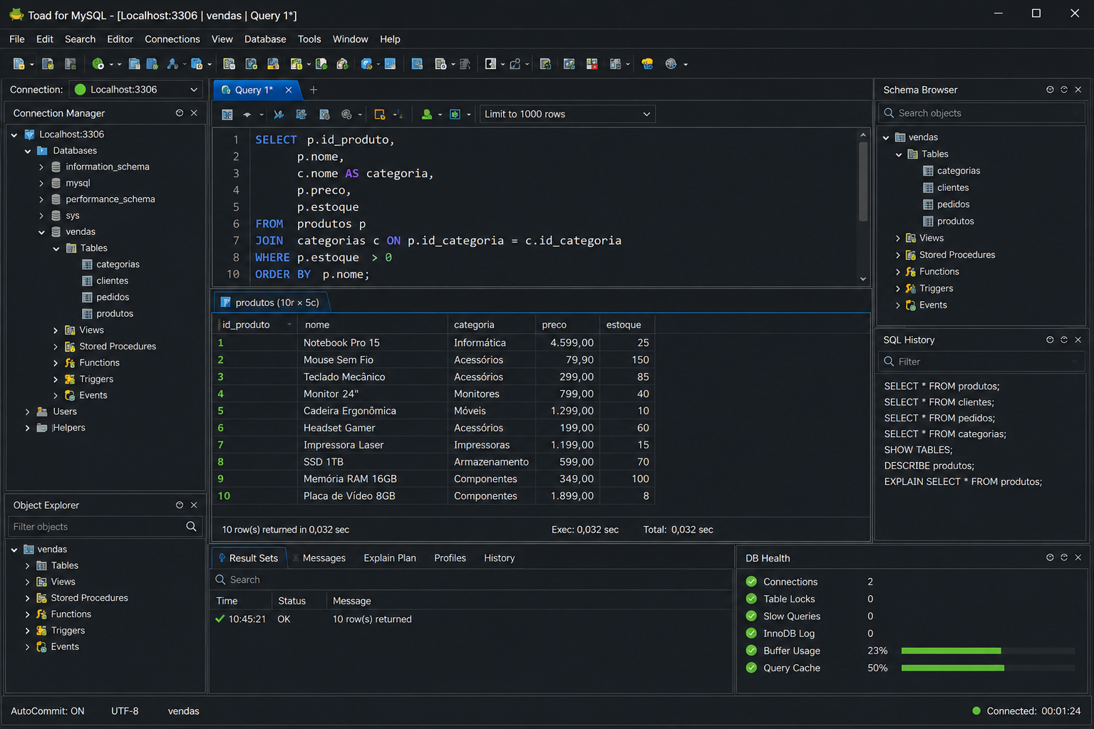 Interface do Toad for MySQL exibindo editor SQL, consultas, gerenciamento de objetos, explorador de schemas, resultados de consultas e monitoramento do banco de dados em ambiente corporativo.