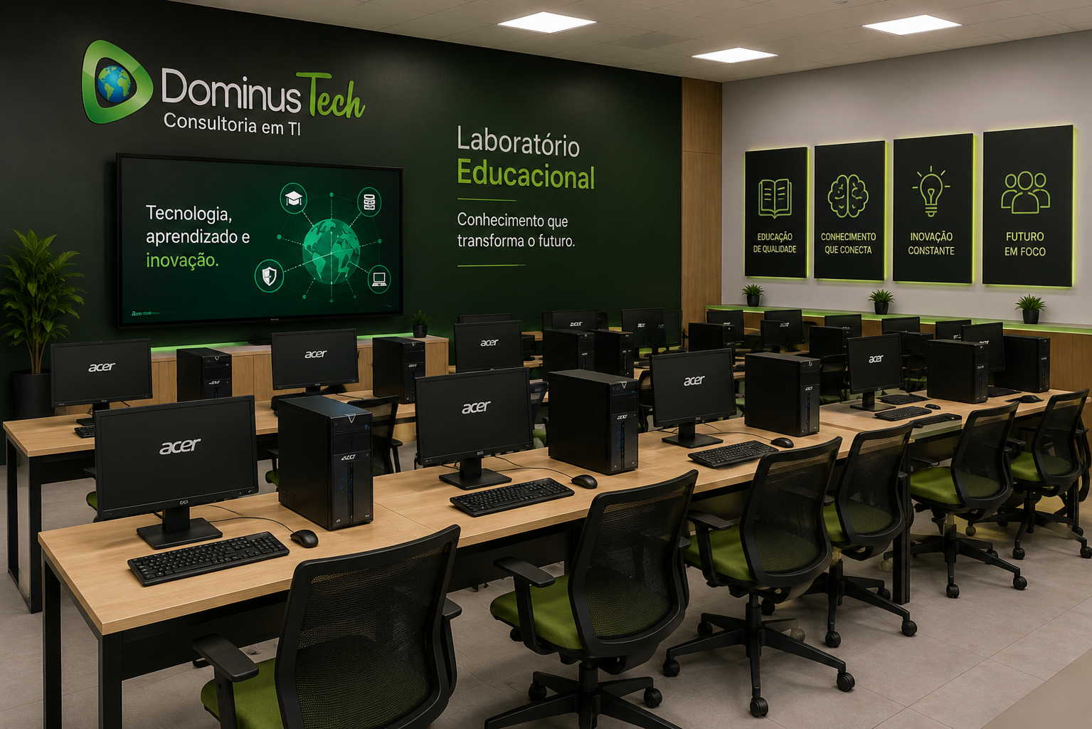 Laboratório educacional moderno equipado com desktops Acer, estações de trabalho organizadas, ambiente de treinamento em tecnologia, mobiliário ergonômico, painel digital para apresentações e o logotipo oficial da Dominus Tech, projetado para capacitação em TI e desenvolvimento profissional.