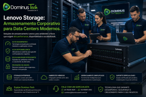 Equipe da Dominus Tech realizando implantação e gerenciamento de uma infraestrutura Lenovo Storage em data center corporativo moderno, oferecendo armazenamento de alto desempenho, alta disponibilidade, proteção de dados e escalabilidade para ambientes empresariais críticos.