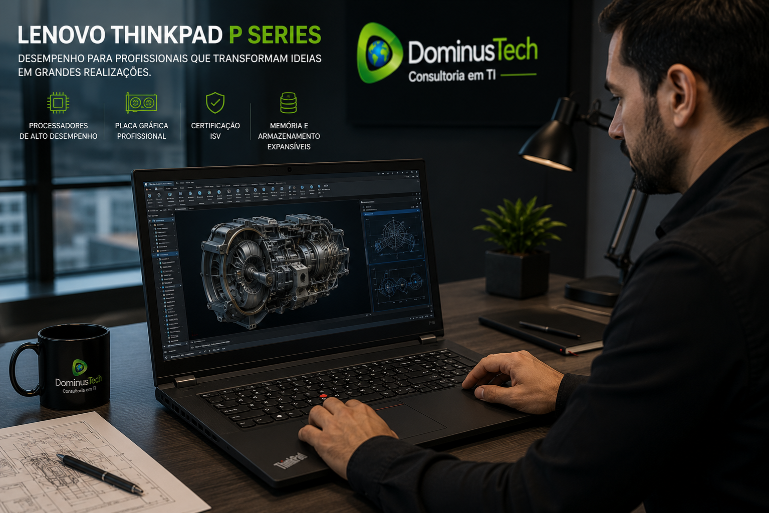 Notebook Lenovo ThinkPad P Series executando aplicações profissionais de engenharia com modelagem 3D em ambiente corporativo moderno, representando alto desempenho para projetos técnicos da Dominus Tech. Lenovo Notebooks Corporativos