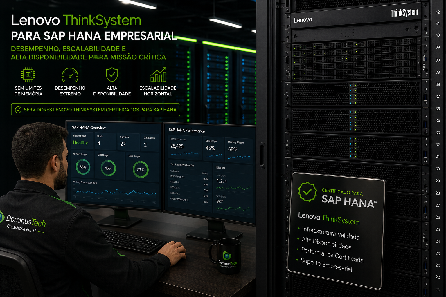 Servidor Lenovo ThinkSystem executando ambiente SAP HANA corporativo em um moderno data center, com infraestrutura certificada para aplicações empresariais críticas, alta disponibilidade, desempenho e monitoramento realizado pela equipe da Dominus Tech.