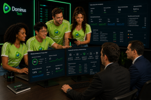 Equipe da Dominus Tech demonstrando o monitoramento em tempo real da automação de rotinas administrativas para bancos de dados Oracle, com dashboards de desempenho, disponibilidade, execução de tarefas e dois clientes executivos acompanhando a operação em um centro tecnológico moderno.