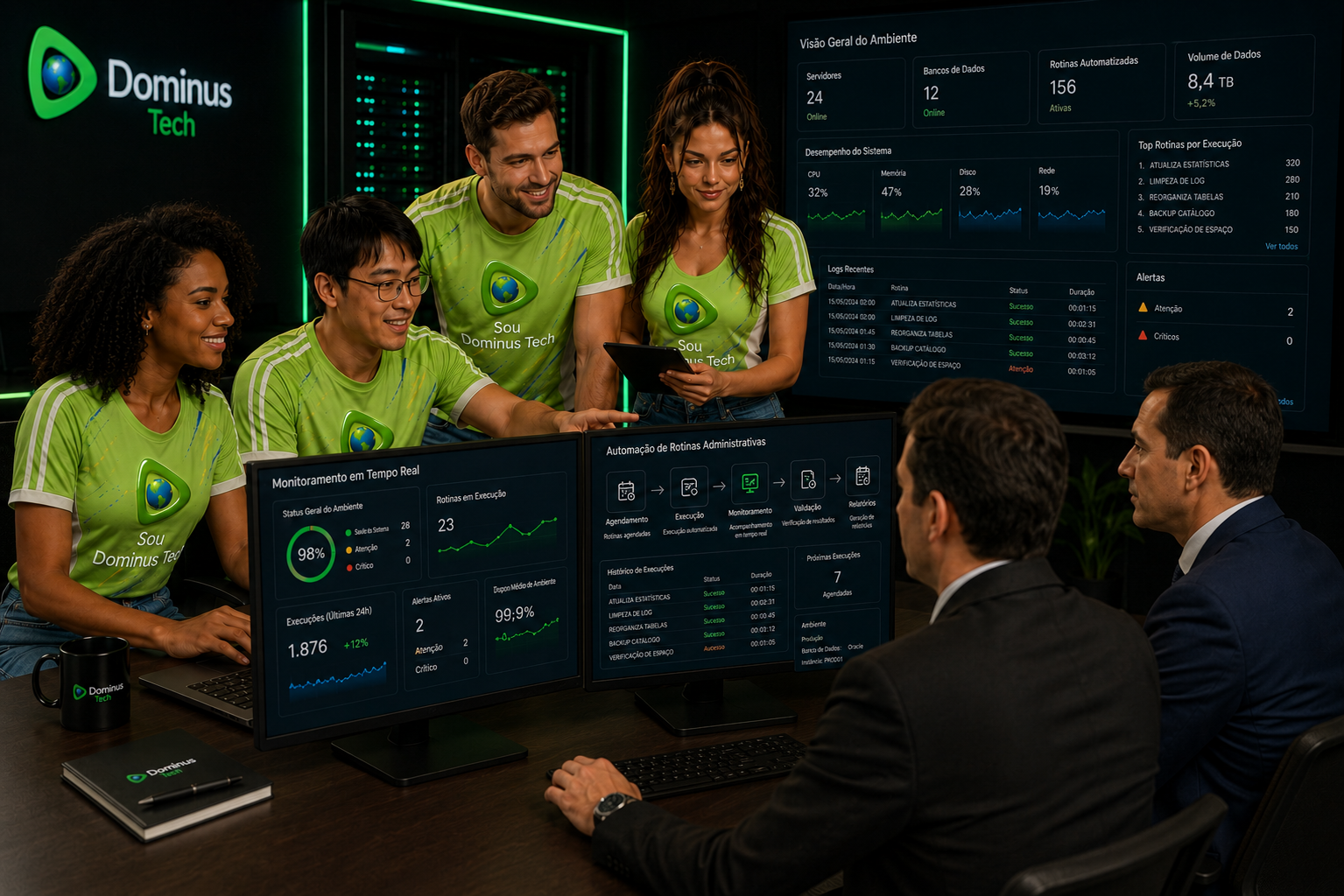 Equipe da Dominus Tech demonstrando o monitoramento em tempo real da automação de rotinas administrativas para bancos de dados Oracle, com dashboards de desempenho, disponibilidade, execução de tarefas e dois clientes executivos acompanhando a operação em um centro tecnológico moderno.